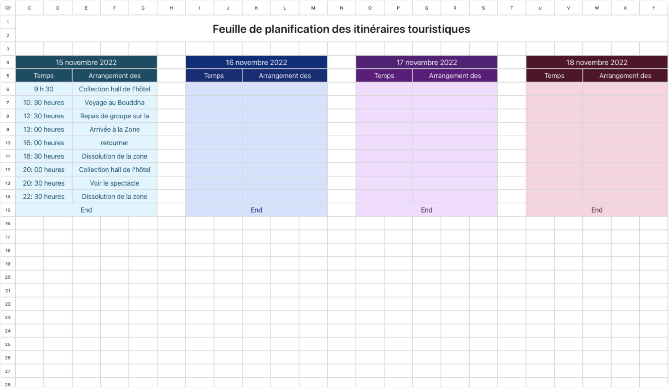 Feuille de planification des itinéraires touristiques